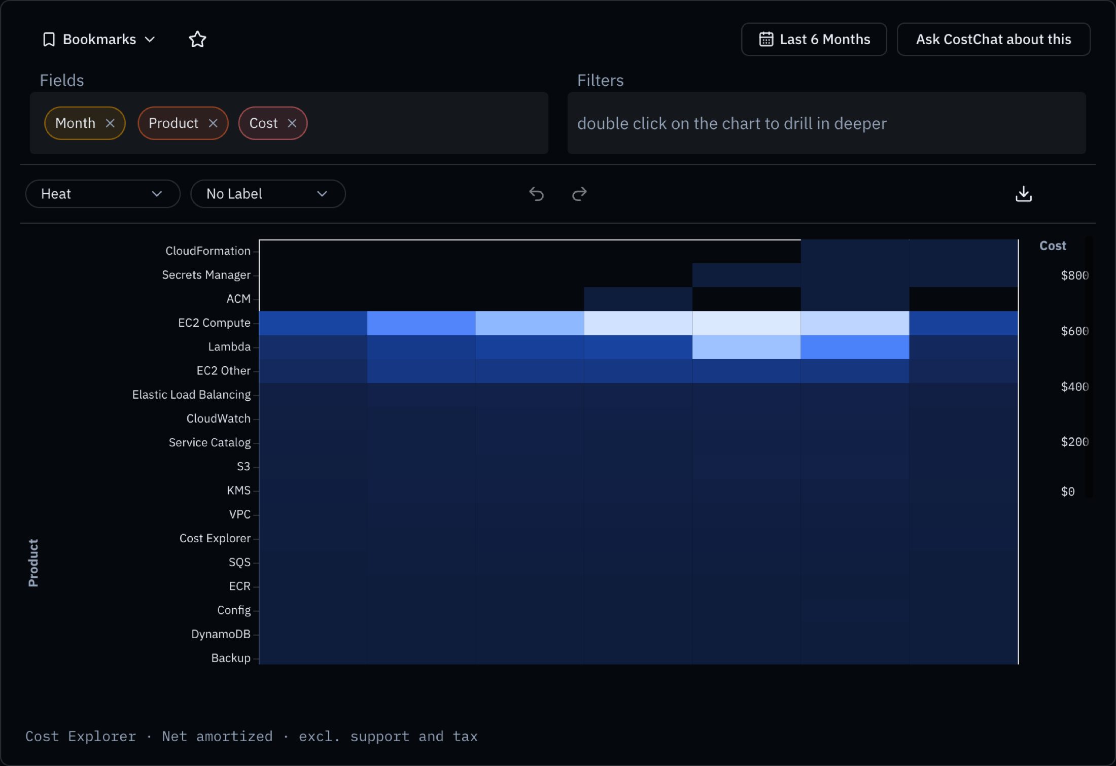 The CostChat explorer showing a heat map of spend by service per month, with the field pills, filters, mark selector and range above it