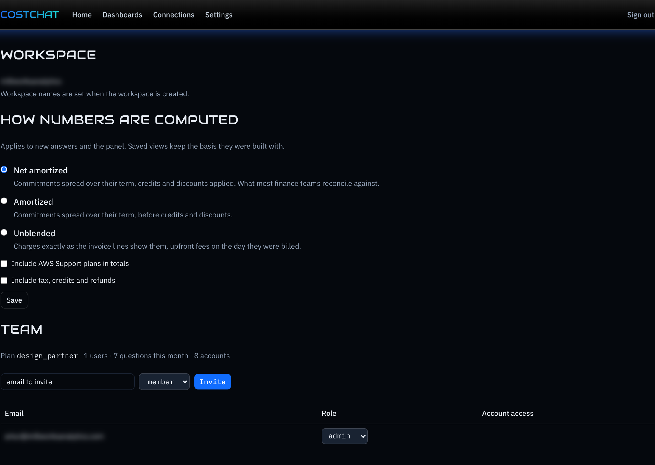 CostChat settings: the cost basis choice, the team list with roles and the per-member account access